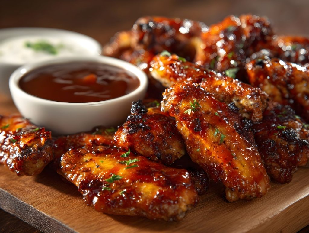 chicken wings on a platter with dipping sauce